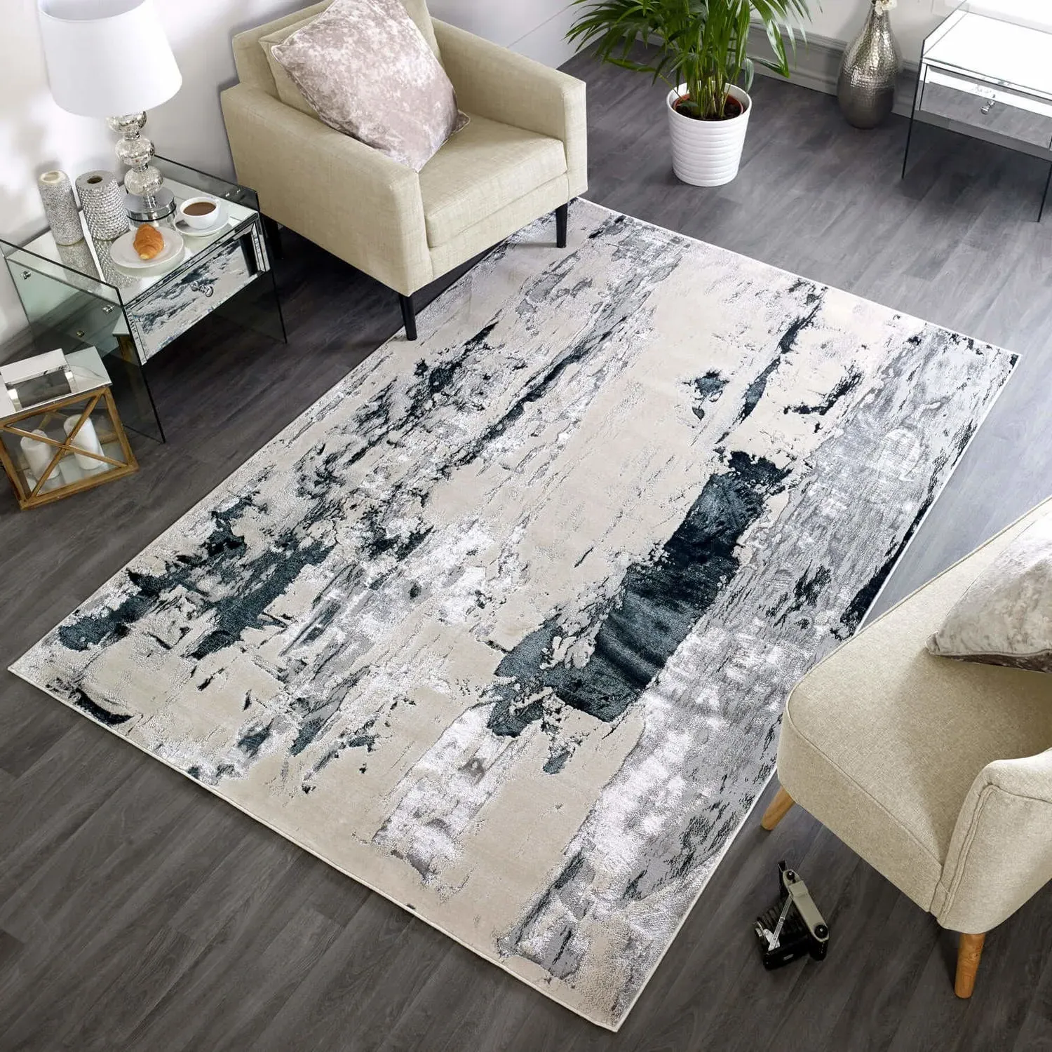 Large Abstract Rug - Silver, Polyester