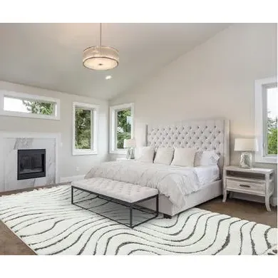 Large Abstract Rug with Fringed Edging - Cream