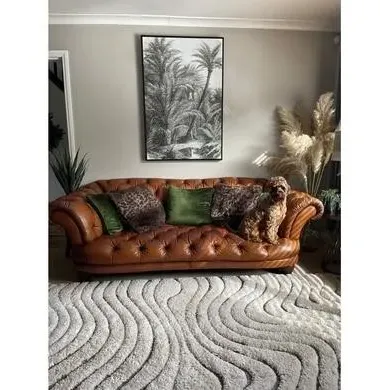 Large Abstract Rug with Fringed Edging - Cream