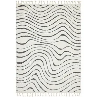 Large Abstract Rug with Fringed Edging - Cream