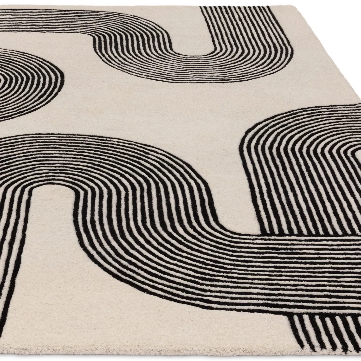 Large Geometric Rug with Abstract Lines - Black, Wool