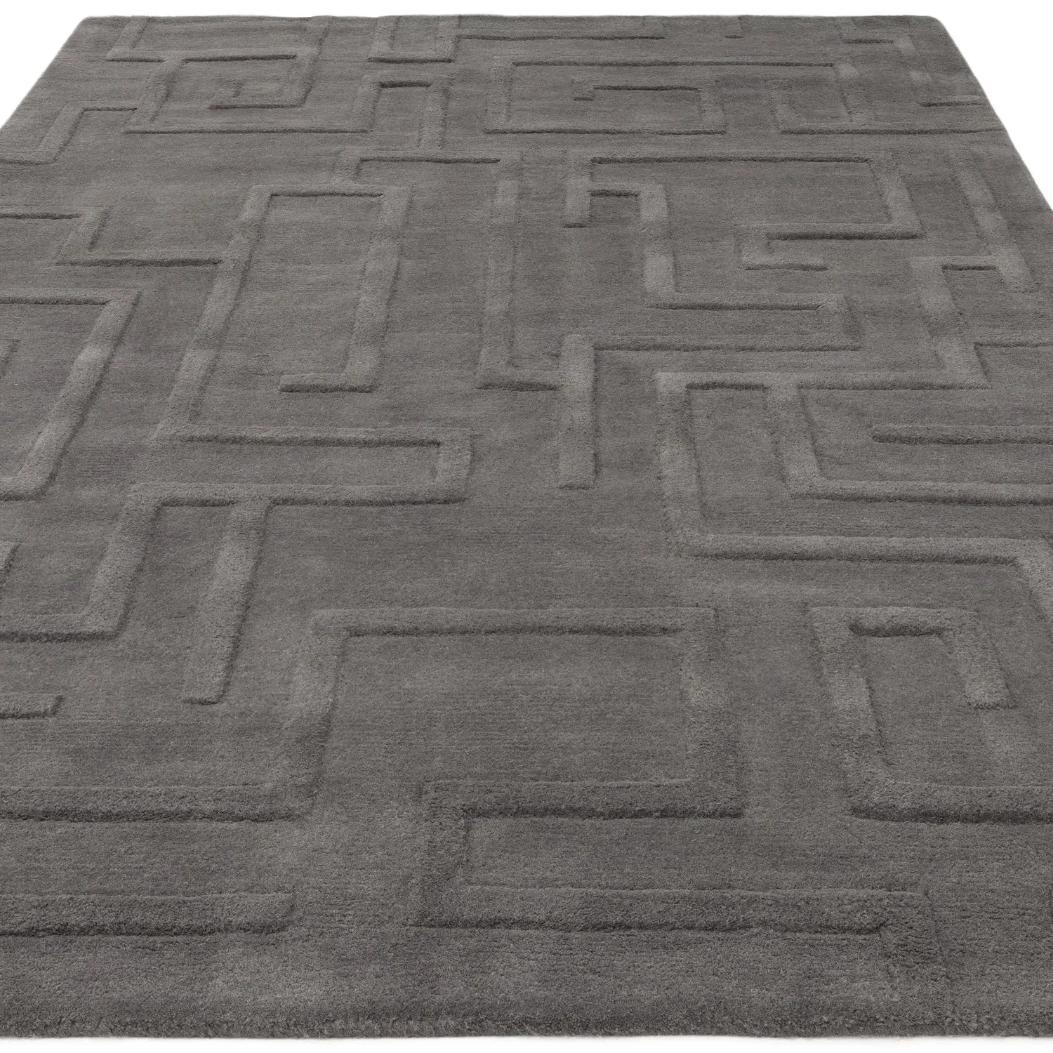 Large Hand Carved Geometric Rug - Grey, Wool