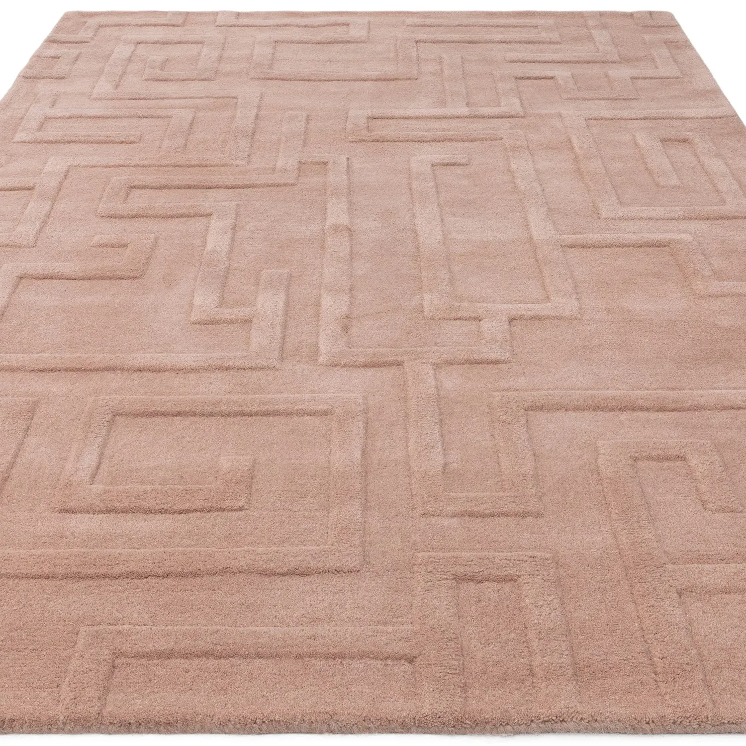Large Hand Carved Geometric Rug - Pink, Wool