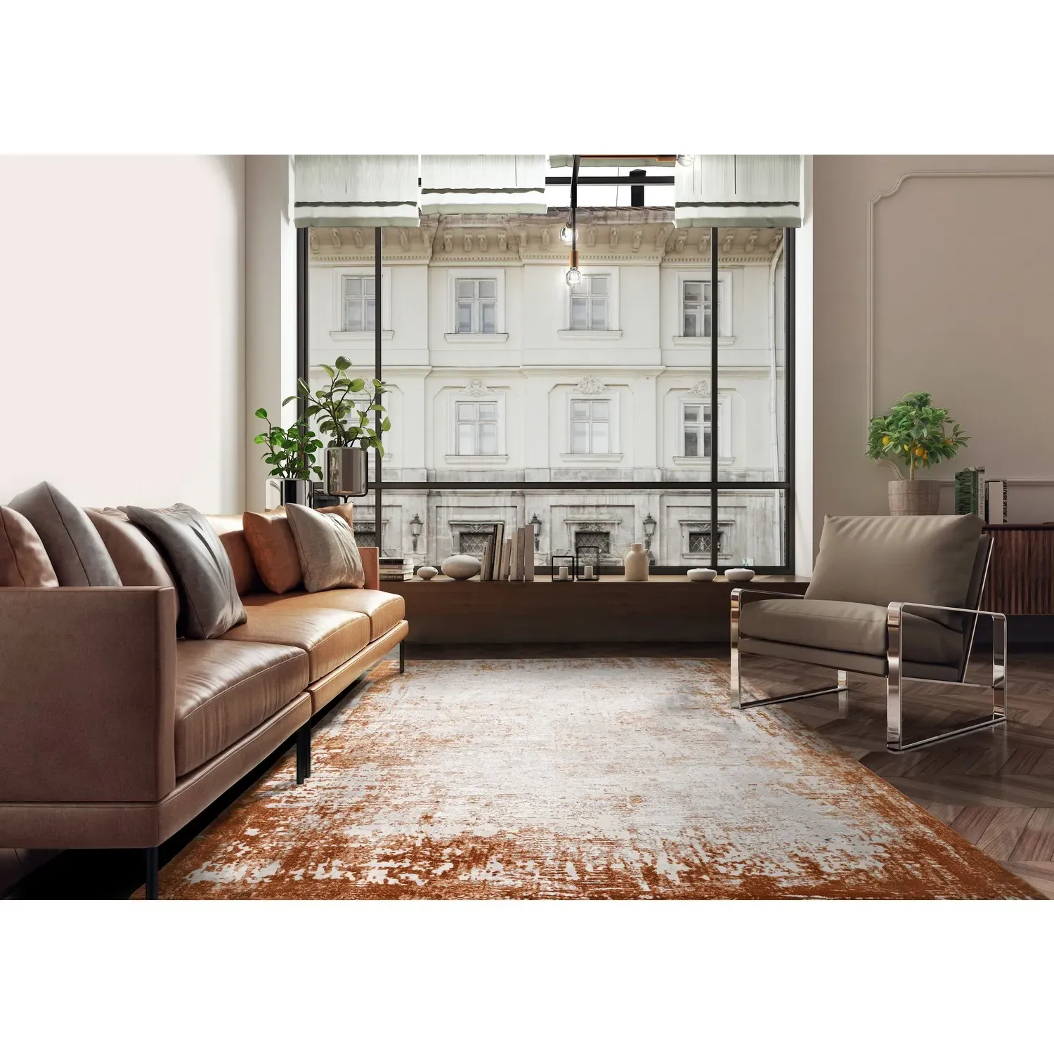 Large Persian Border Rug - Orange, Polyester
