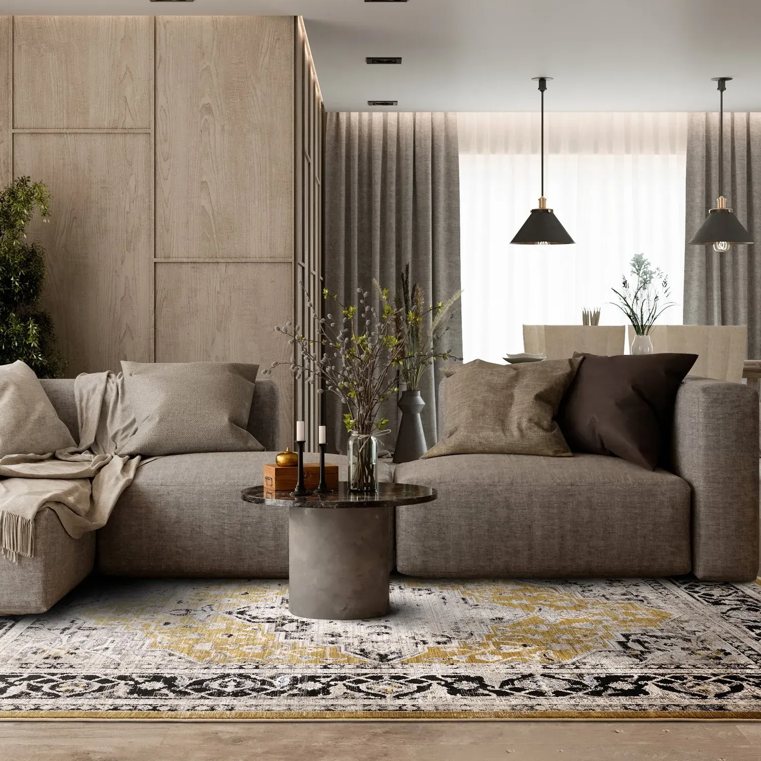 Large Persian Medallion Rug - Gold, Polyester