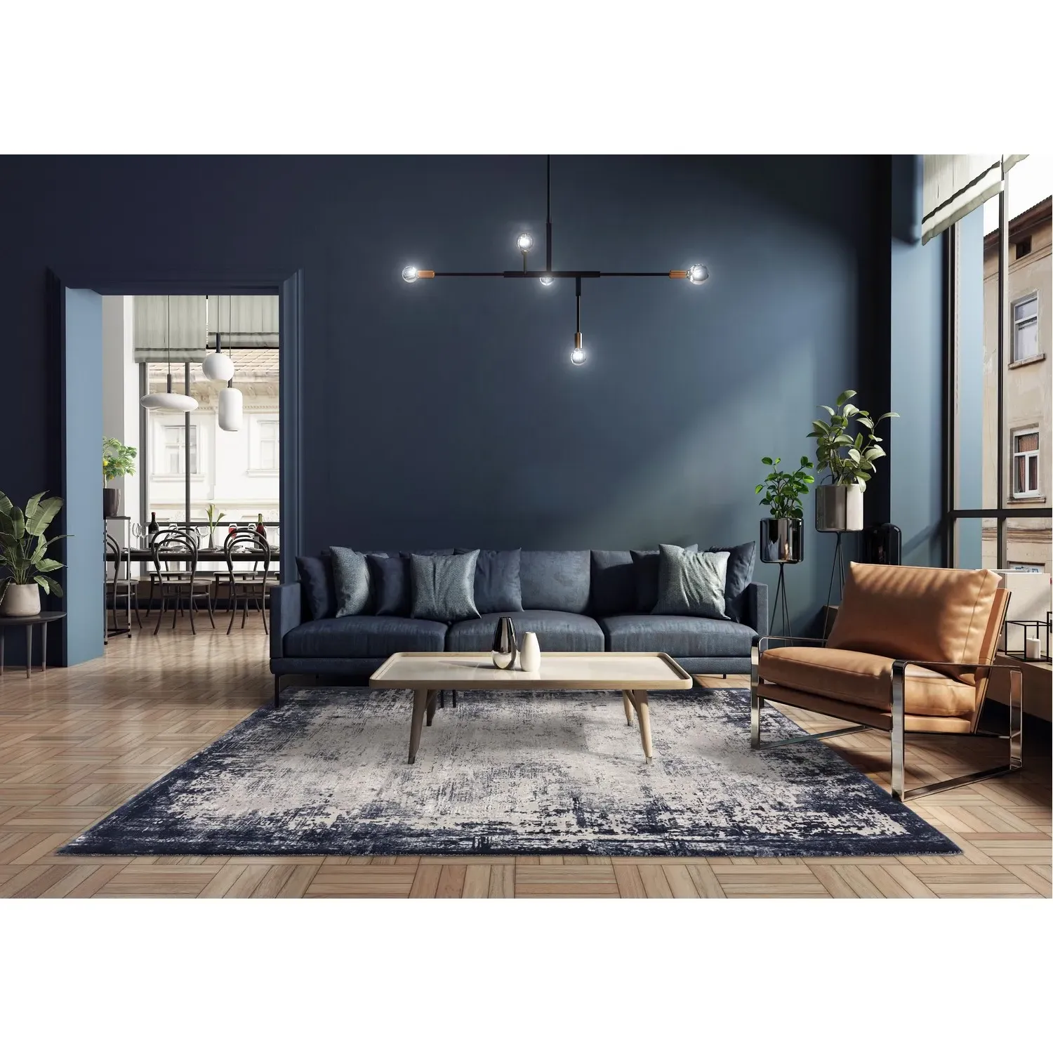Large Rectangular Rug with Border - Navy, Polyester
