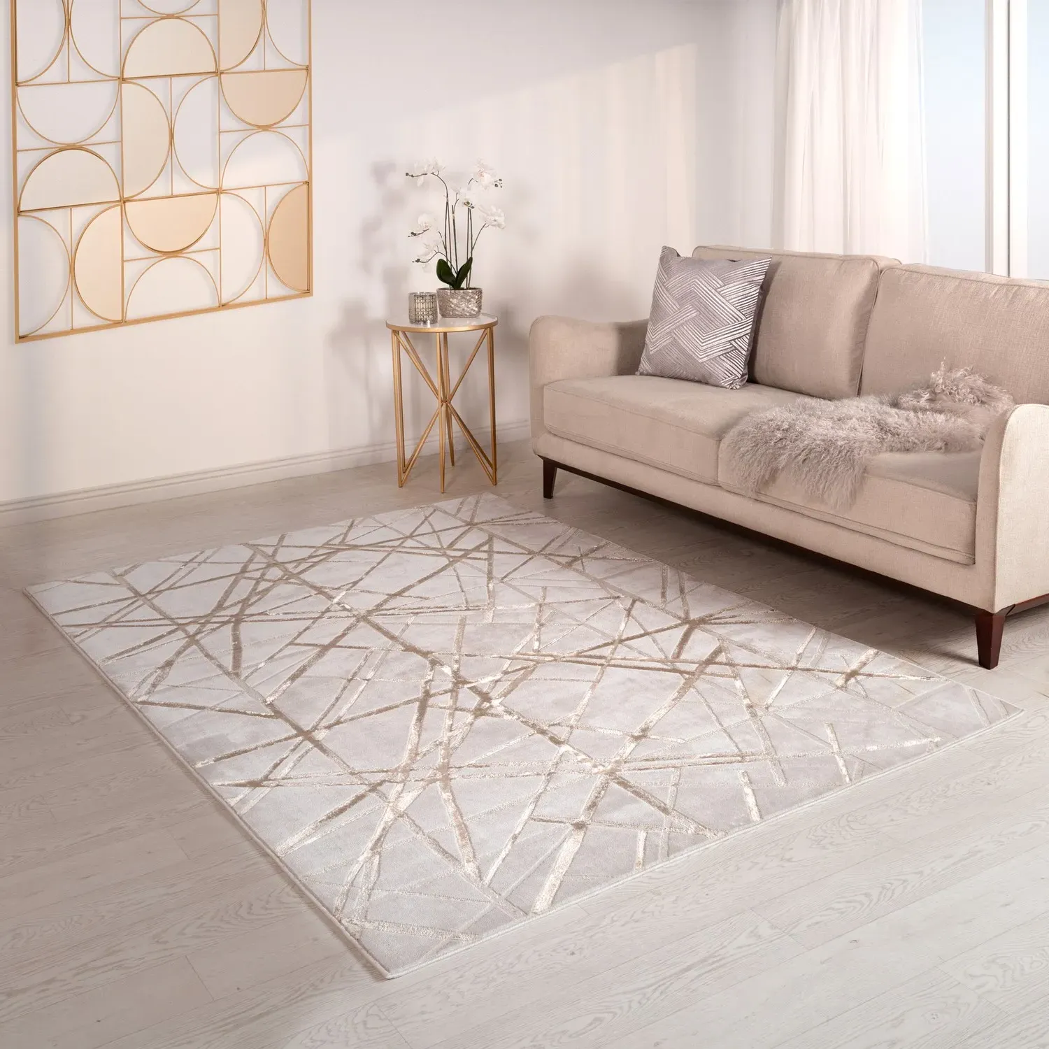 Large Rectangular Rug with Gold Design - Beige