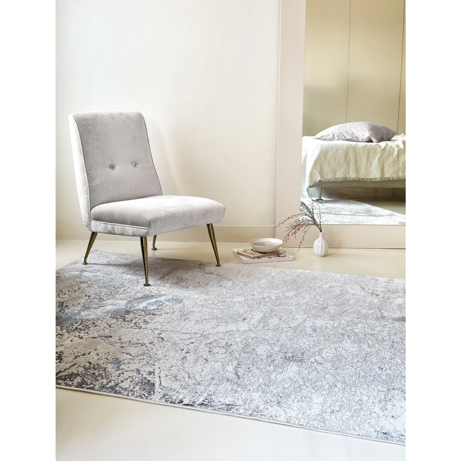 Large Rug with Marble Effect - Silver, Polyester