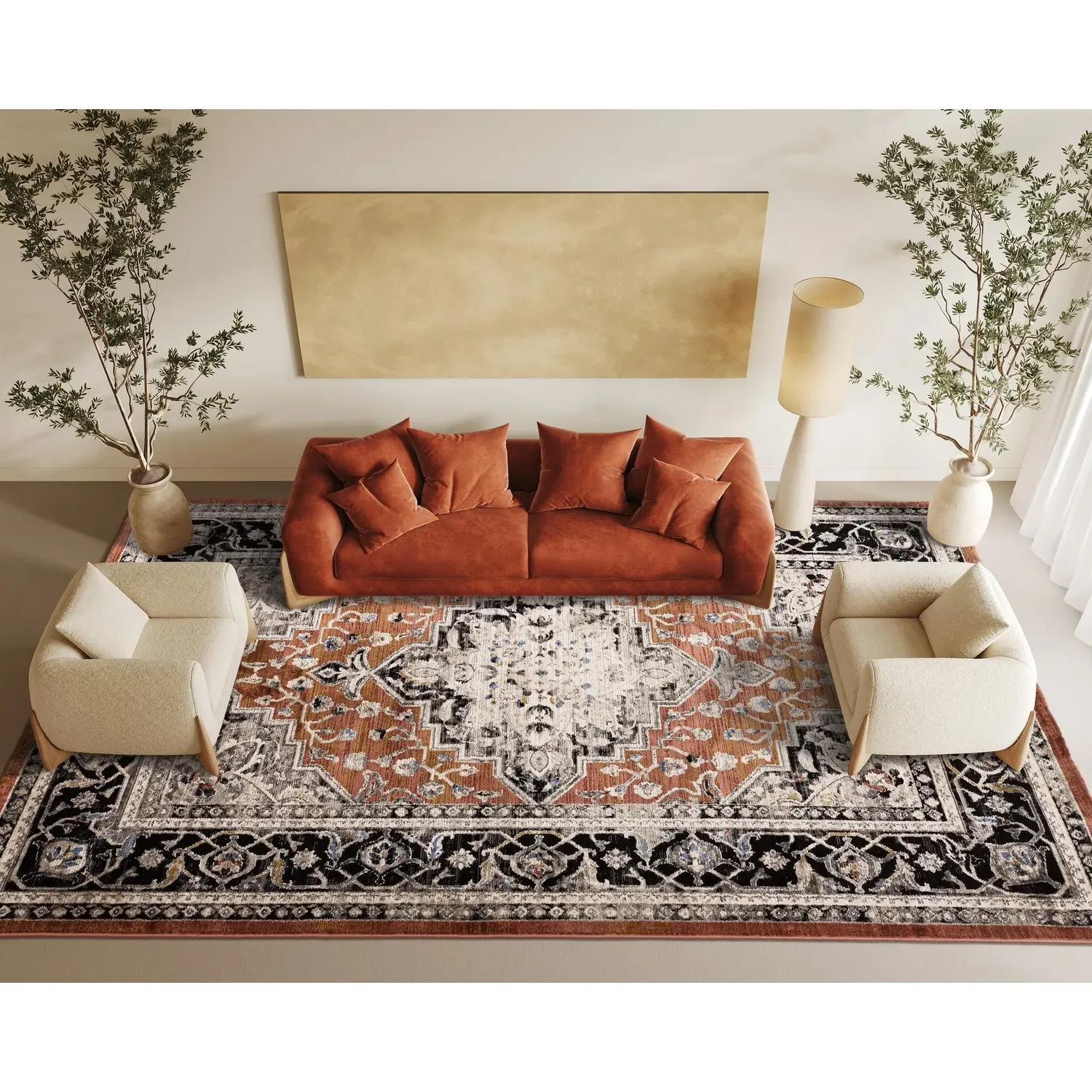 Rectangular Persian Rug with Medallion - Orange