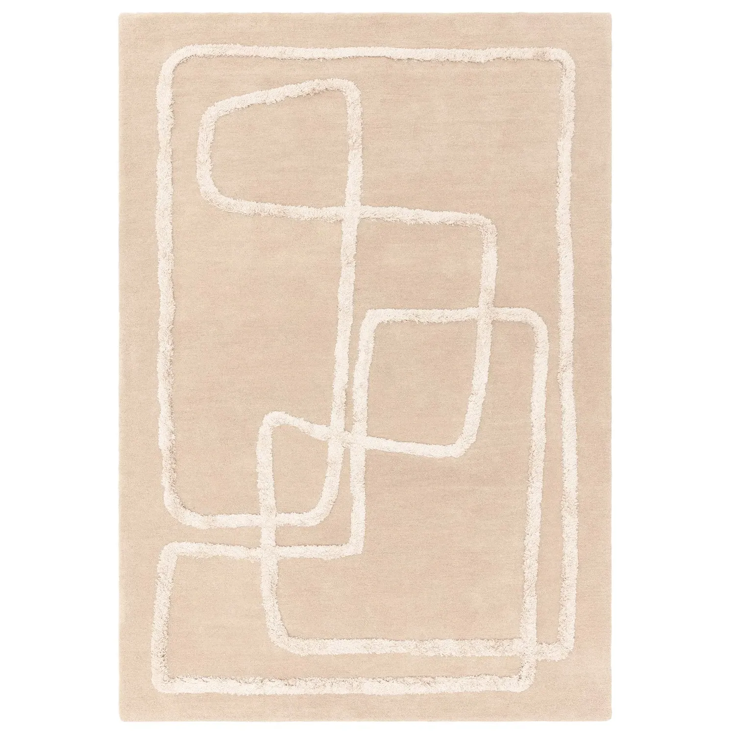 Rectangular Rug with Abstract Lines - Beige, Wool