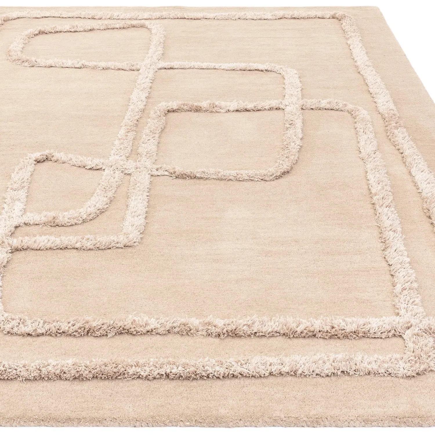 Rectangular Rug with Abstract Lines - Beige, Wool