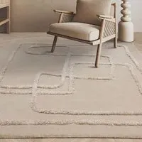Rectangular Rug with Abstract Lines - Beige, Wool
