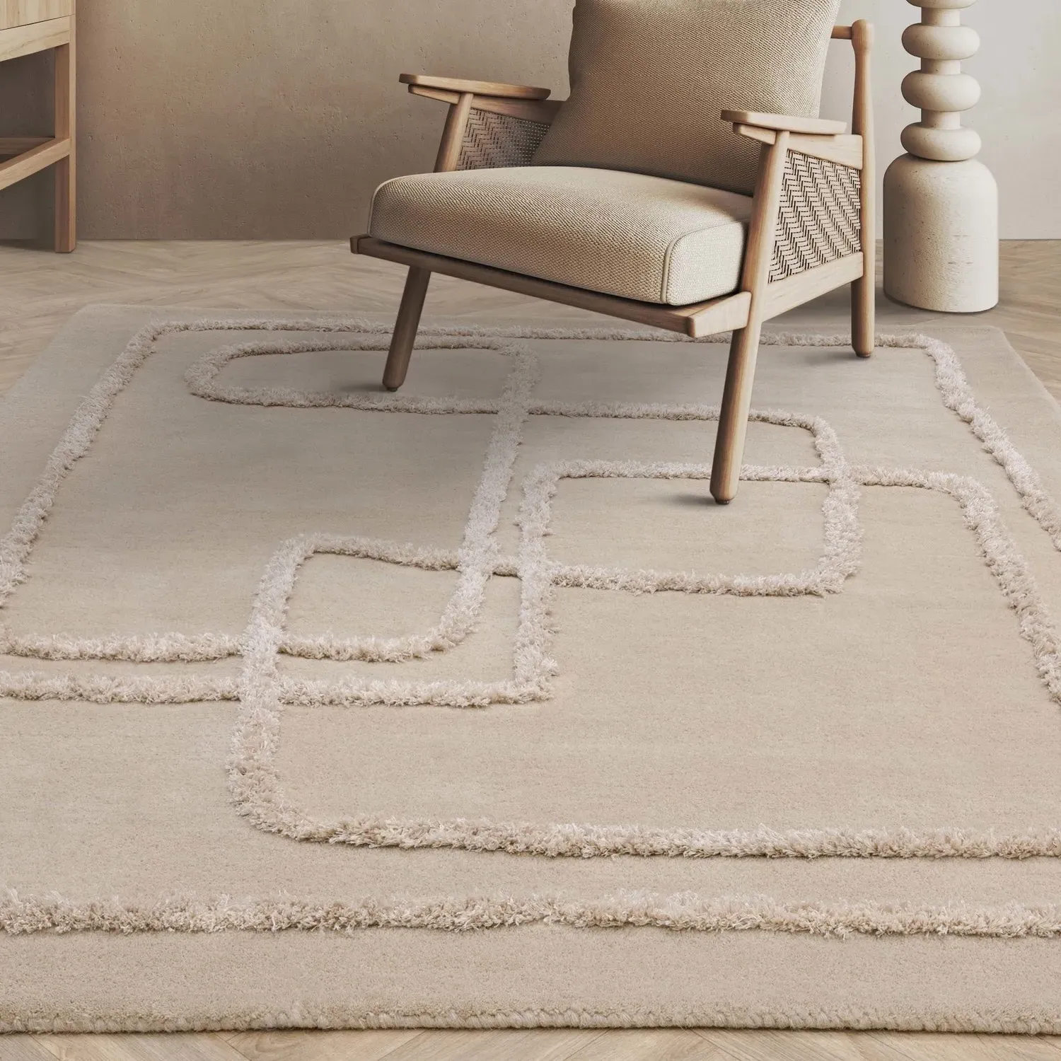 Rectangular Rug with Abstract Lines - Beige, Wool