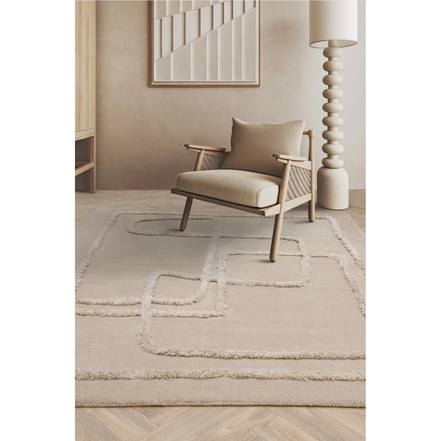 Rectangular Rug with Abstract Lines - Beige, Wool