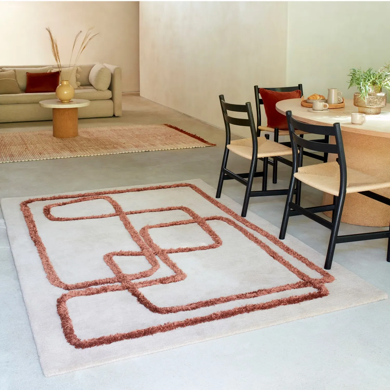 Rectangular Rug with Abstract Lines - Brown, Wool