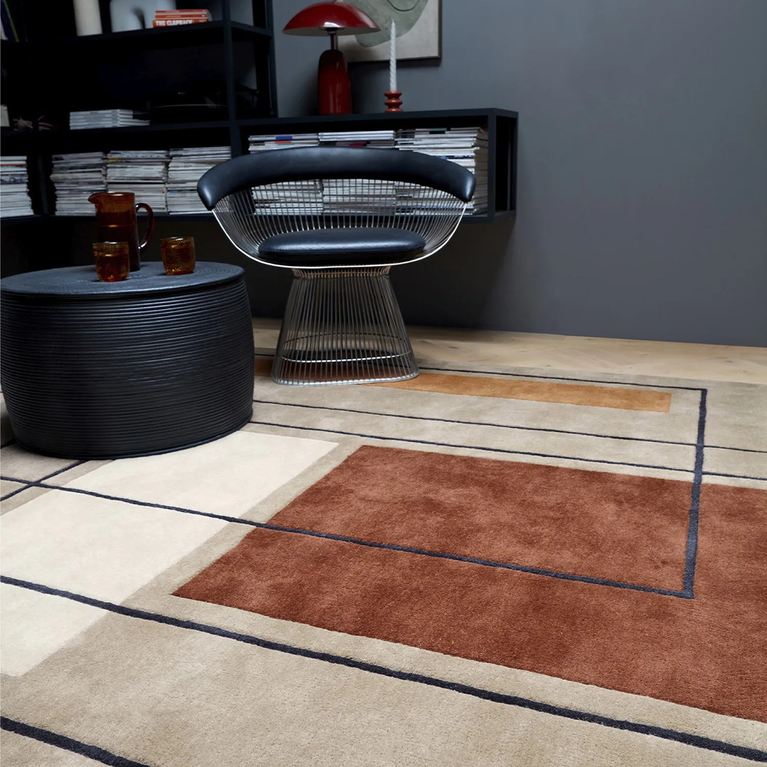 Rectangular Rug with Abstract Lines - Orange, Wool