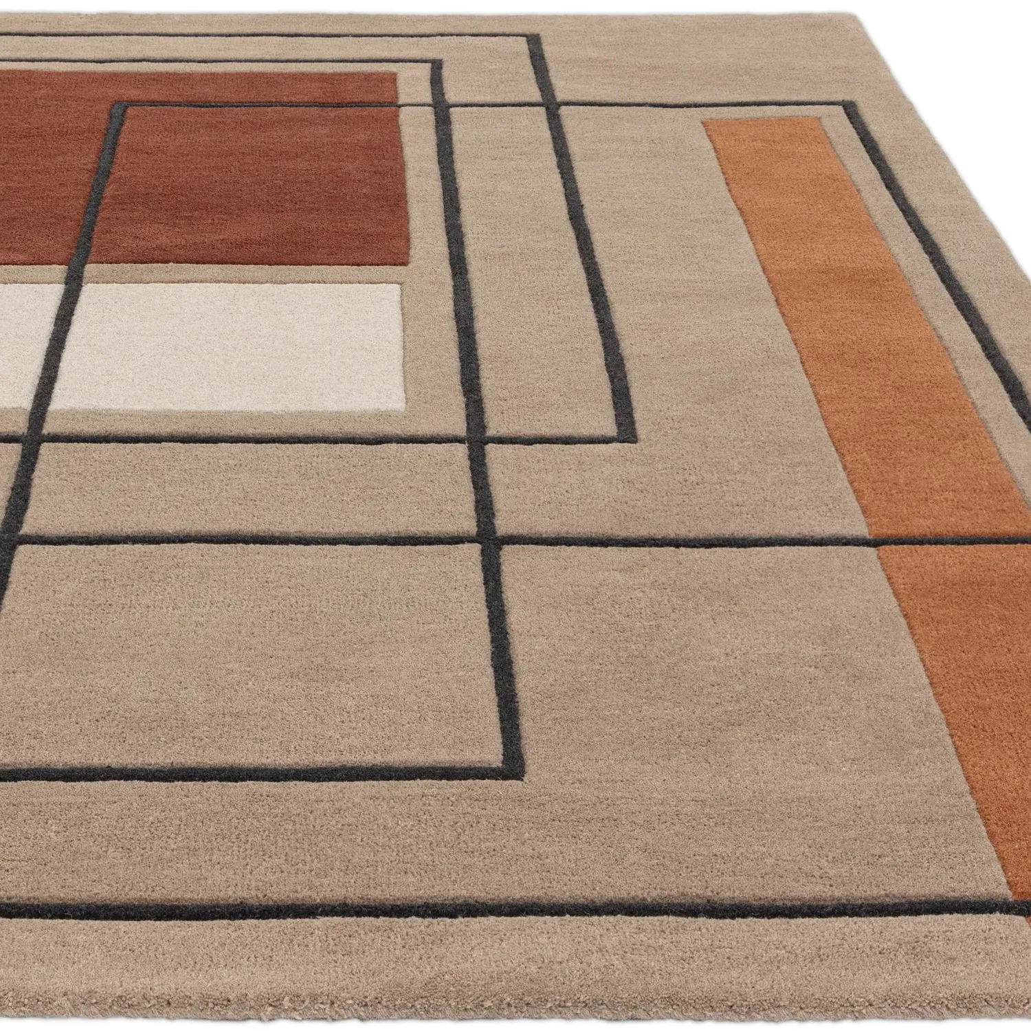 Rectangular Rug with Abstract Lines - Orange, Wool