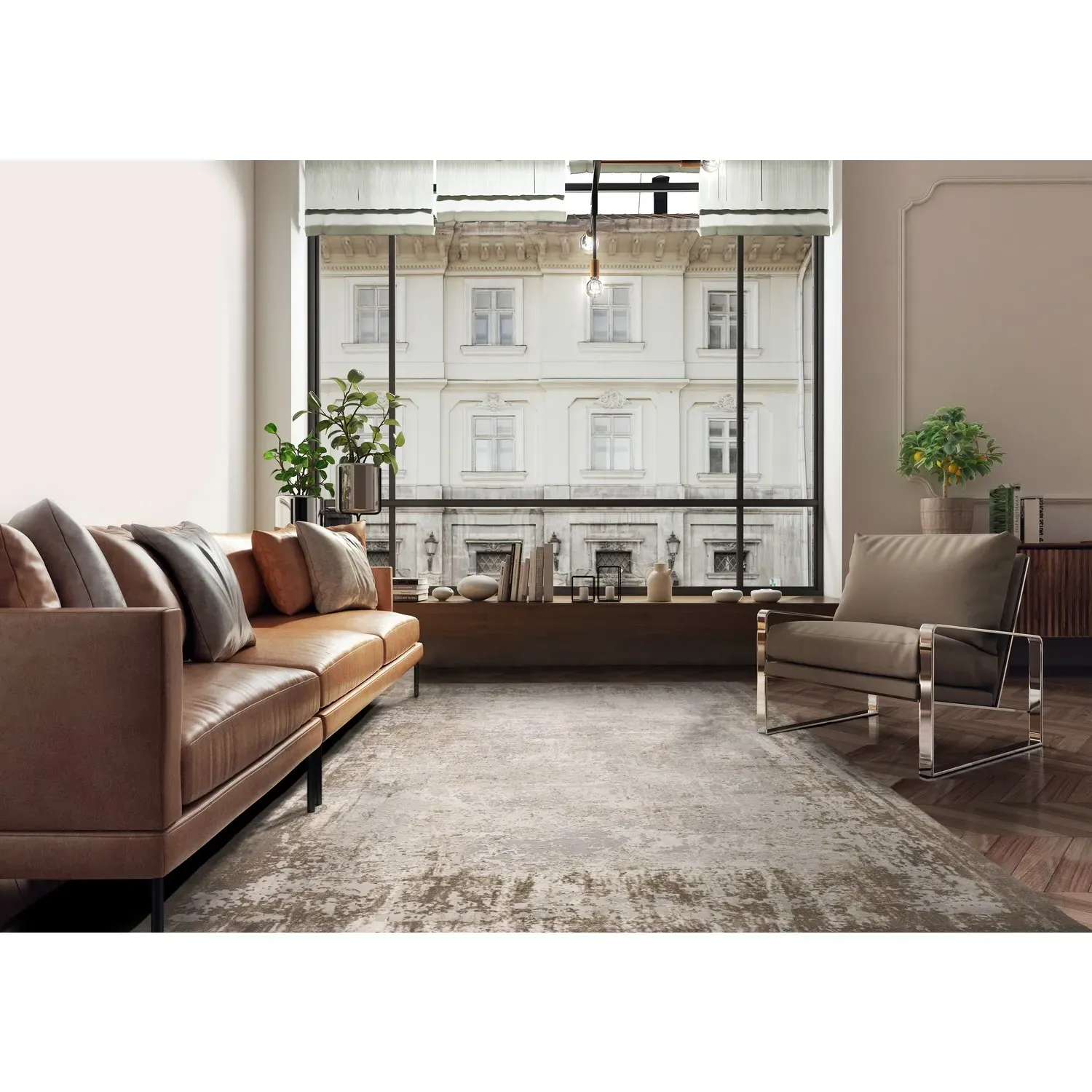 Rectangular Rug with Border - Beige, Polyester image