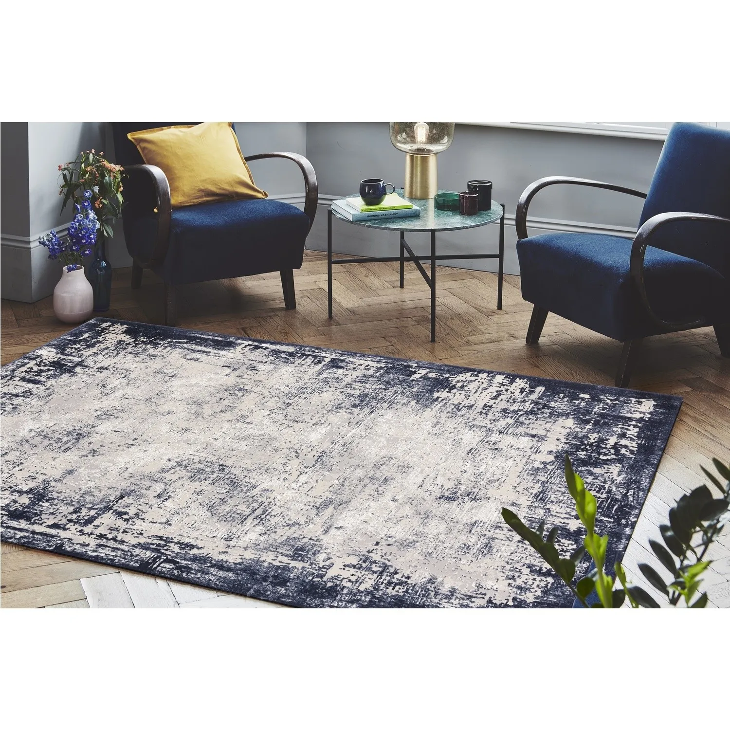 Rectangular Rug with Border - Navy, Polyester