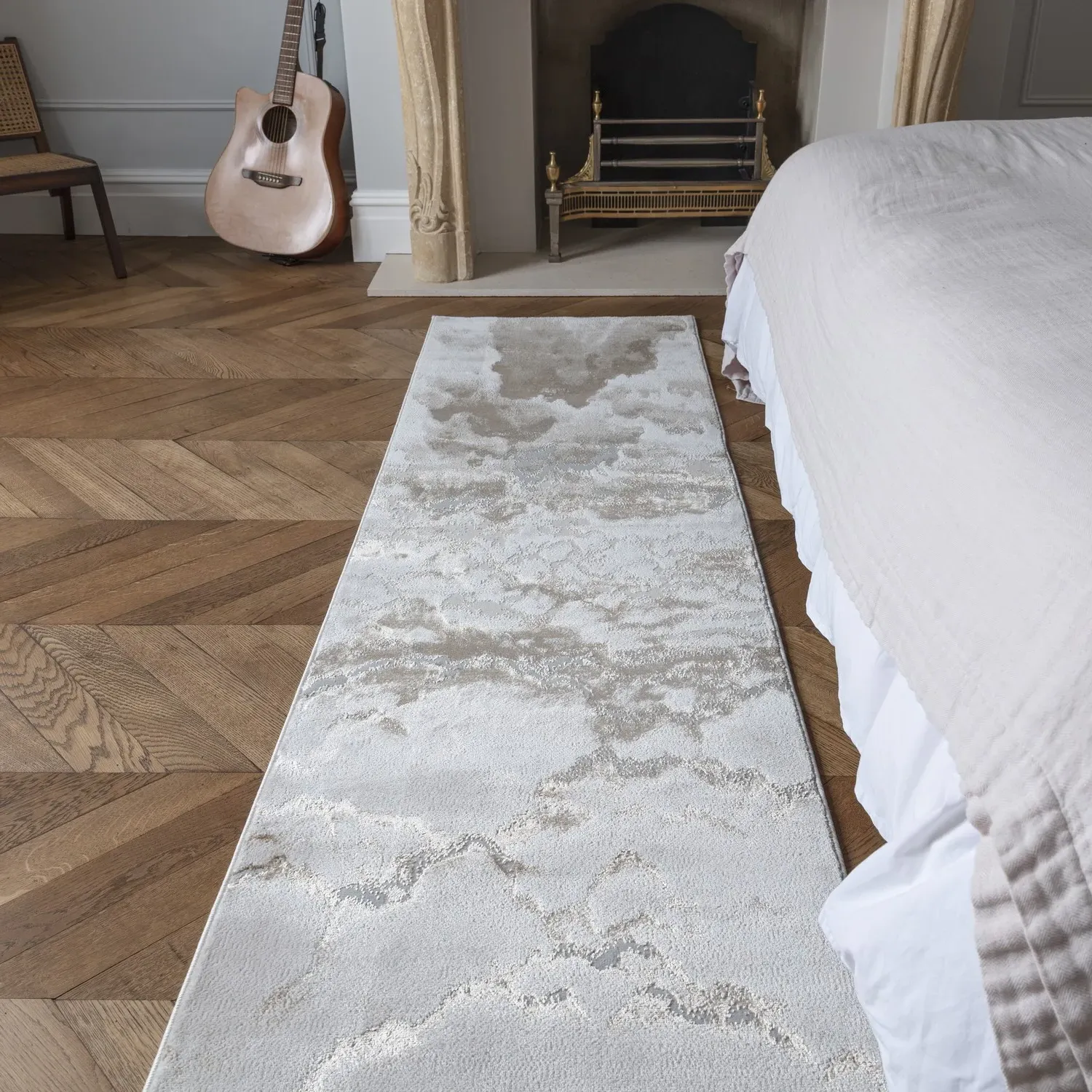 Runner Rug with Marble Effect - Beige, Polyester