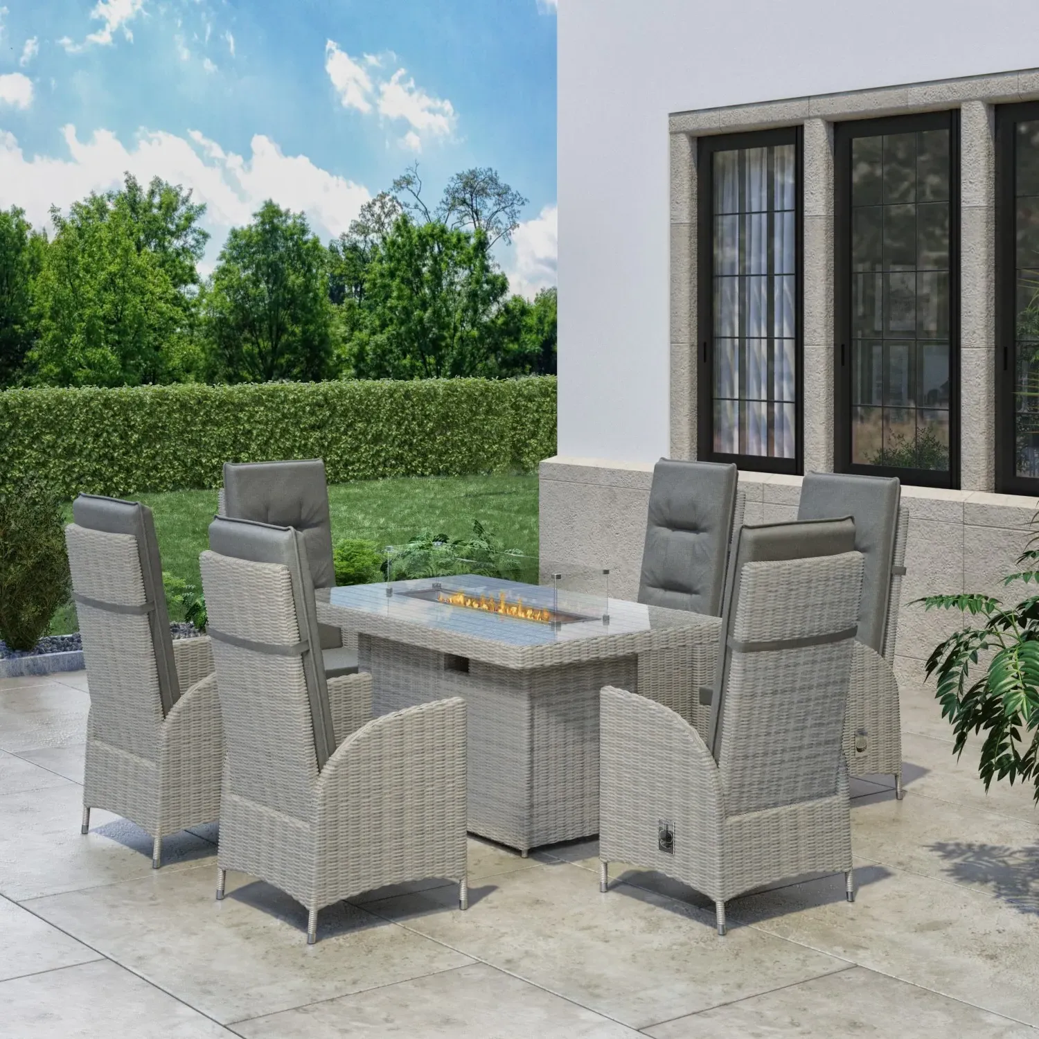 6-Seater Dining Set with Fire Pit - Grey, Rattan