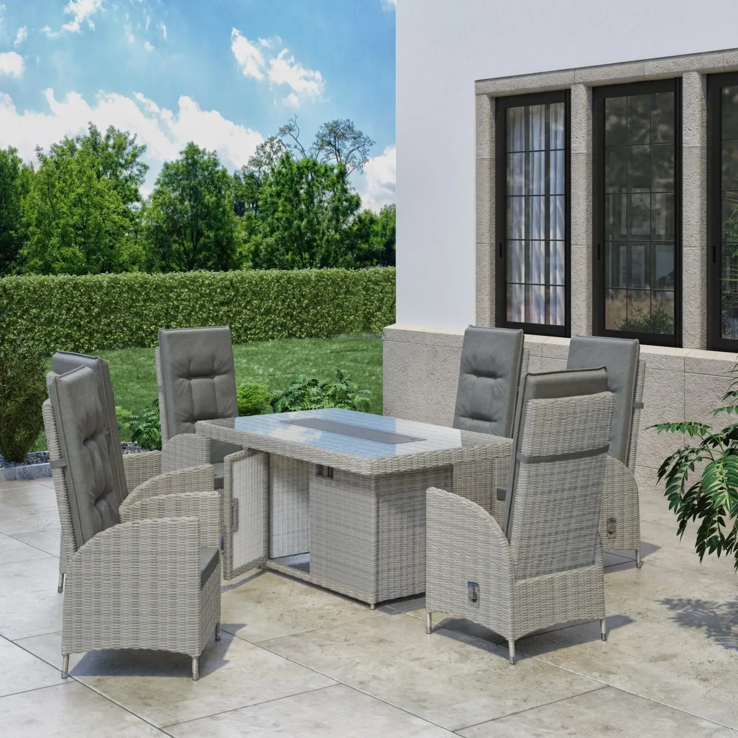6-Seater Dining Set with Fire Pit - Grey, Rattan