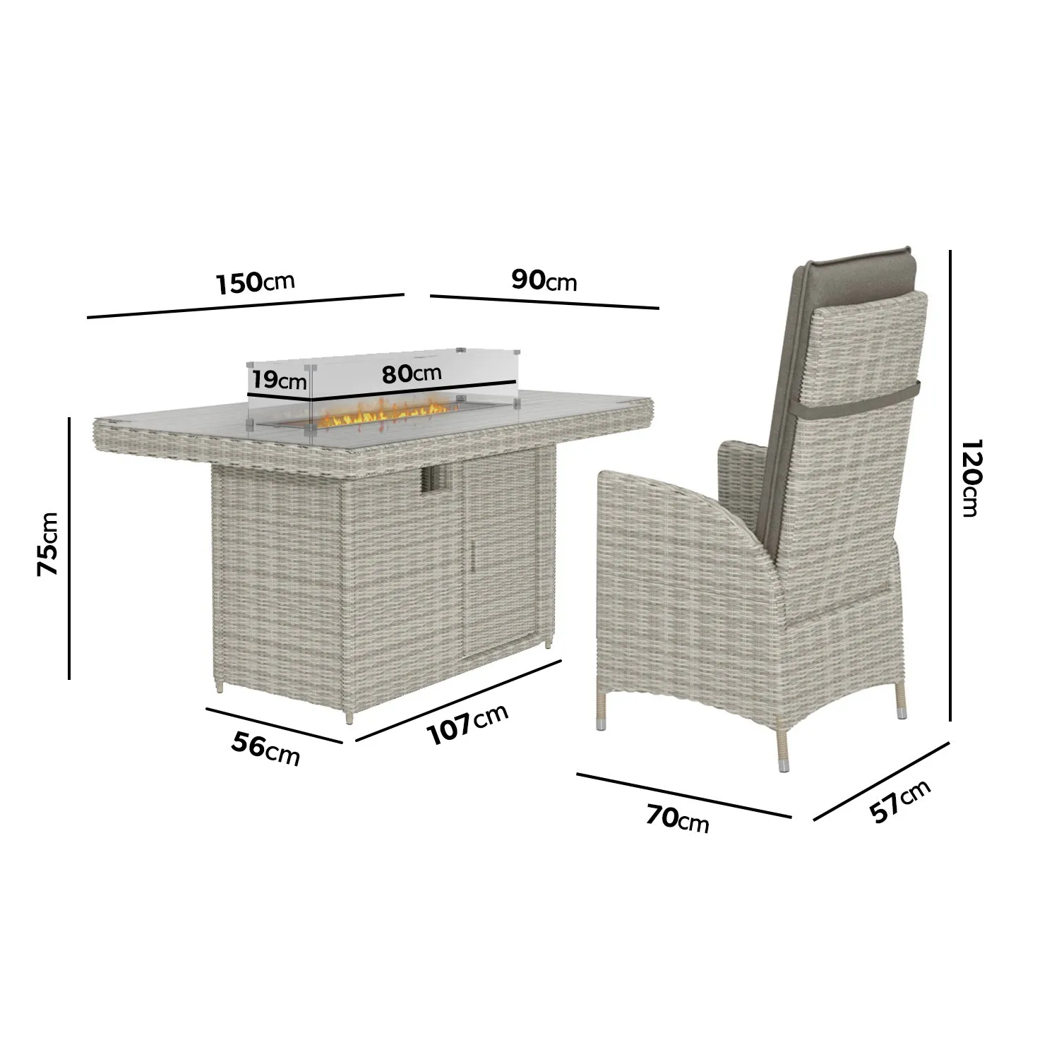 6-Seater Dining Set with Fire Pit - Grey, Rattan