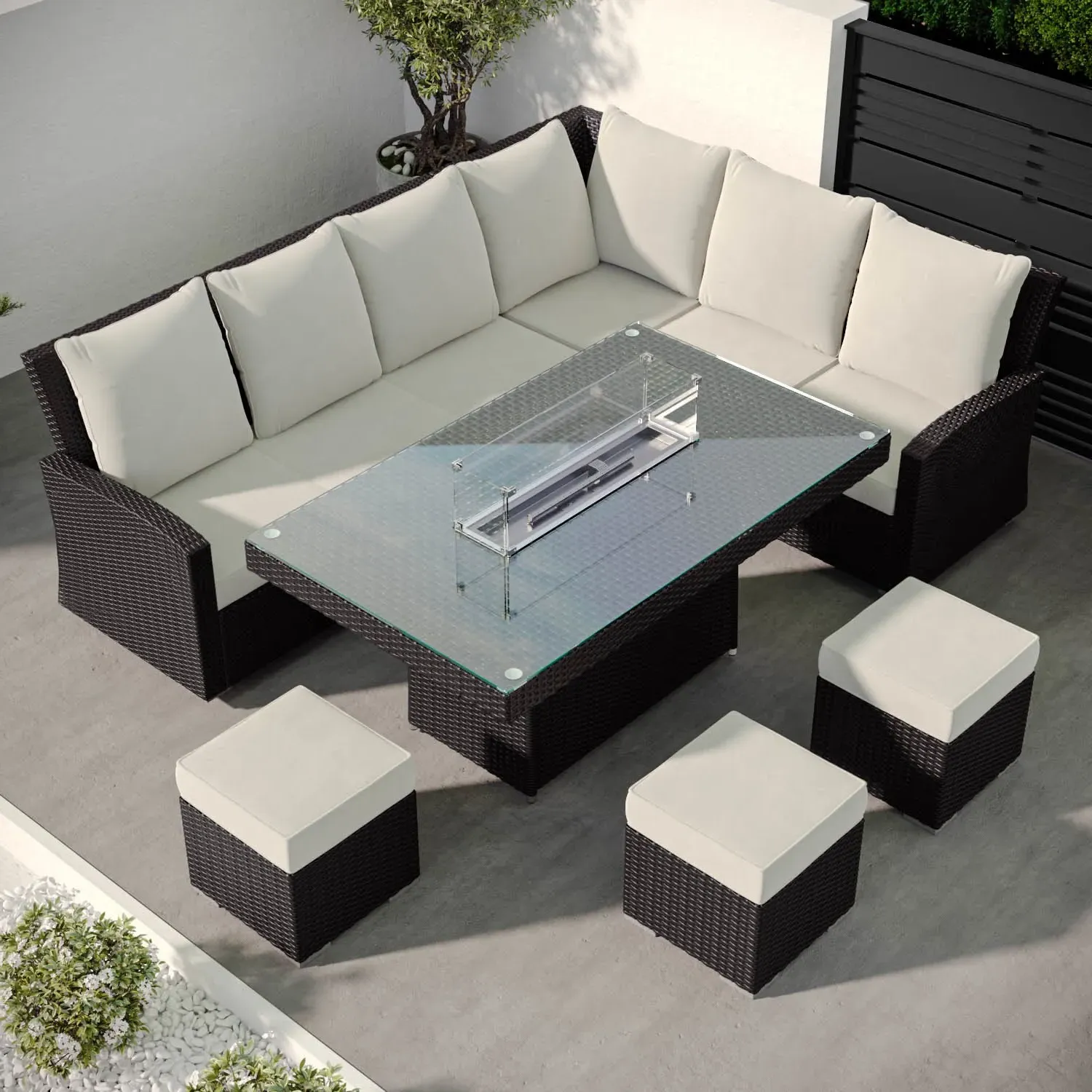 8-Seater Corner Dining Set with Firepit - Black