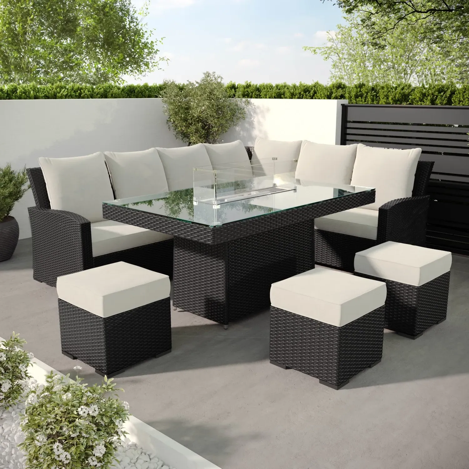 8-Seater Corner Dining Set with Firepit - Black image