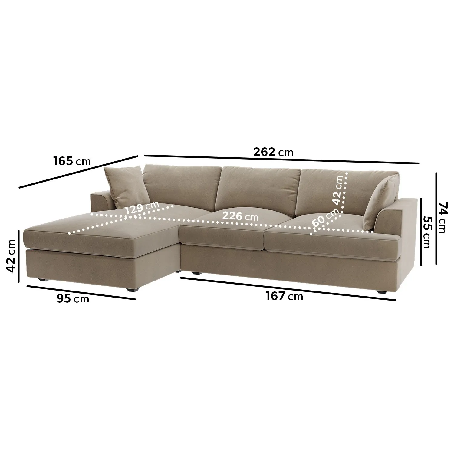L-Shaped 4-Seater Chaise Sofa - Beige, Velvet