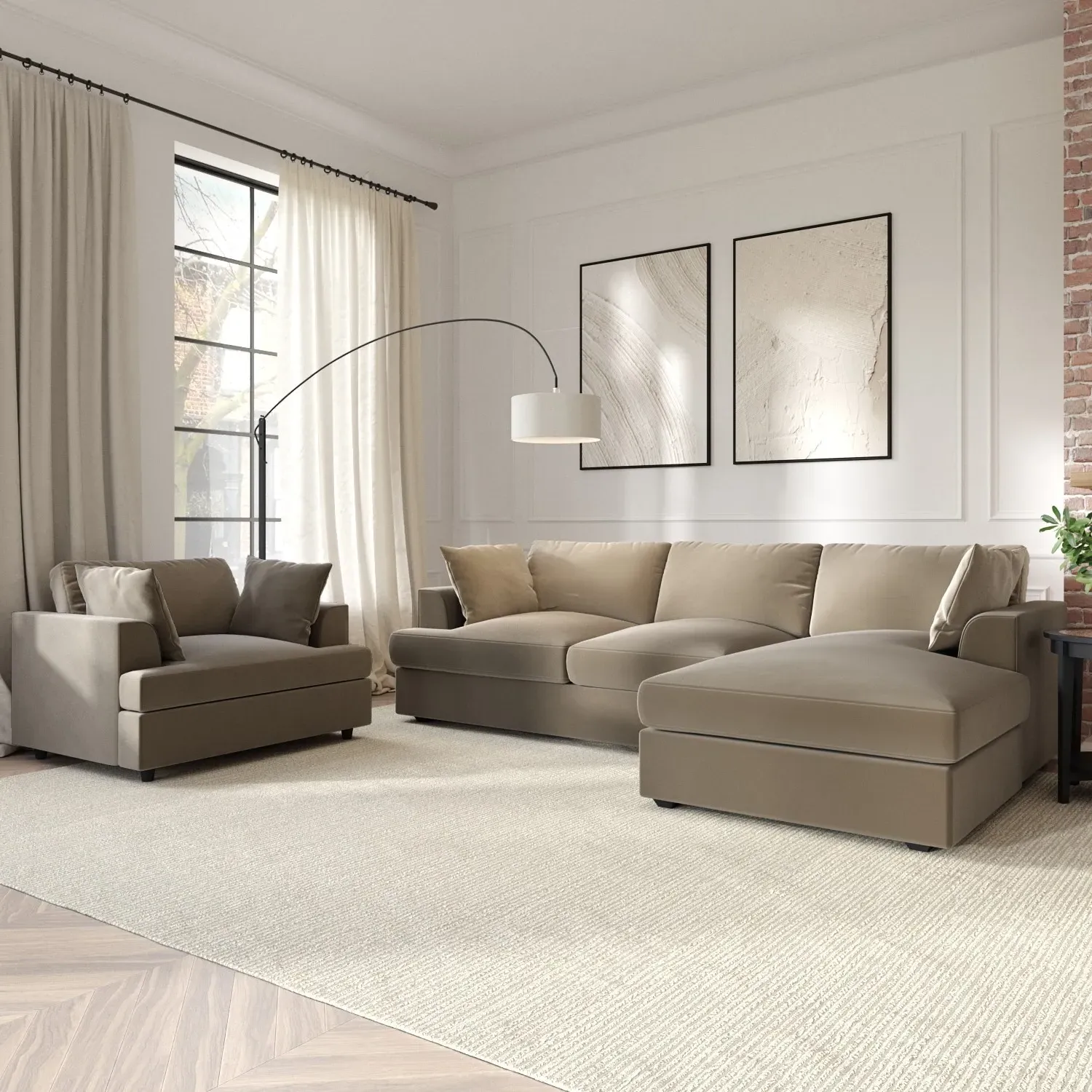 L-Shaped 4-Seater Chaise Sofa - Beige, Velvet