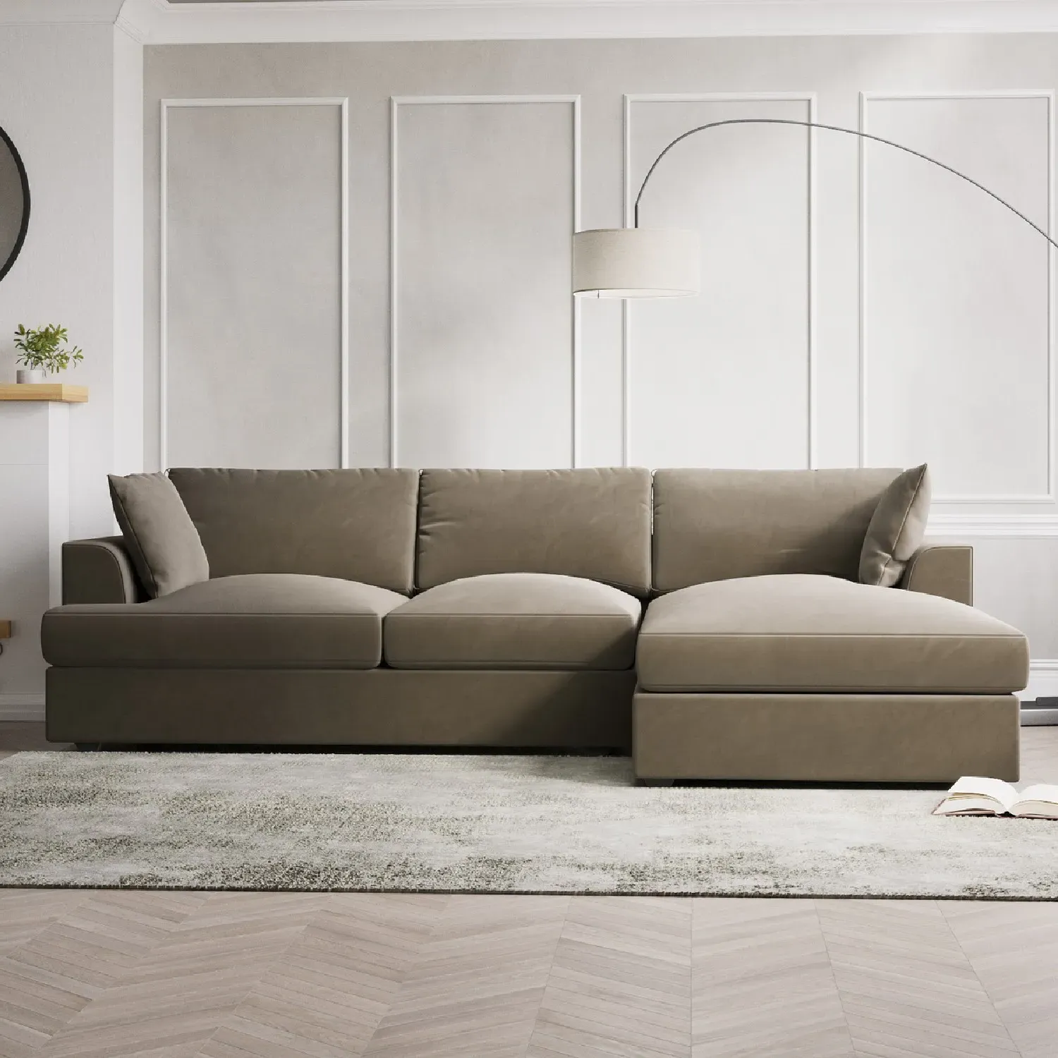 L-Shaped 4-Seater Chaise Sofa - Beige, Velvet image