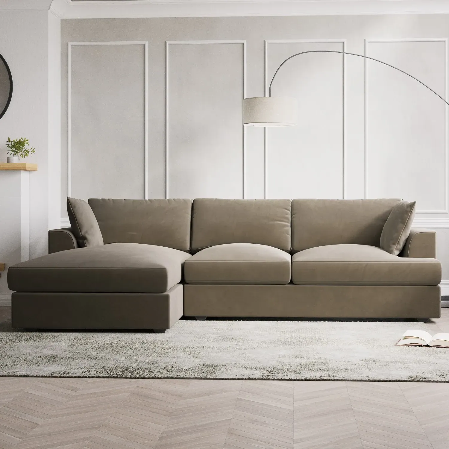 L-Shaped 4-Seater Chaise Sofa - Beige, Velvet