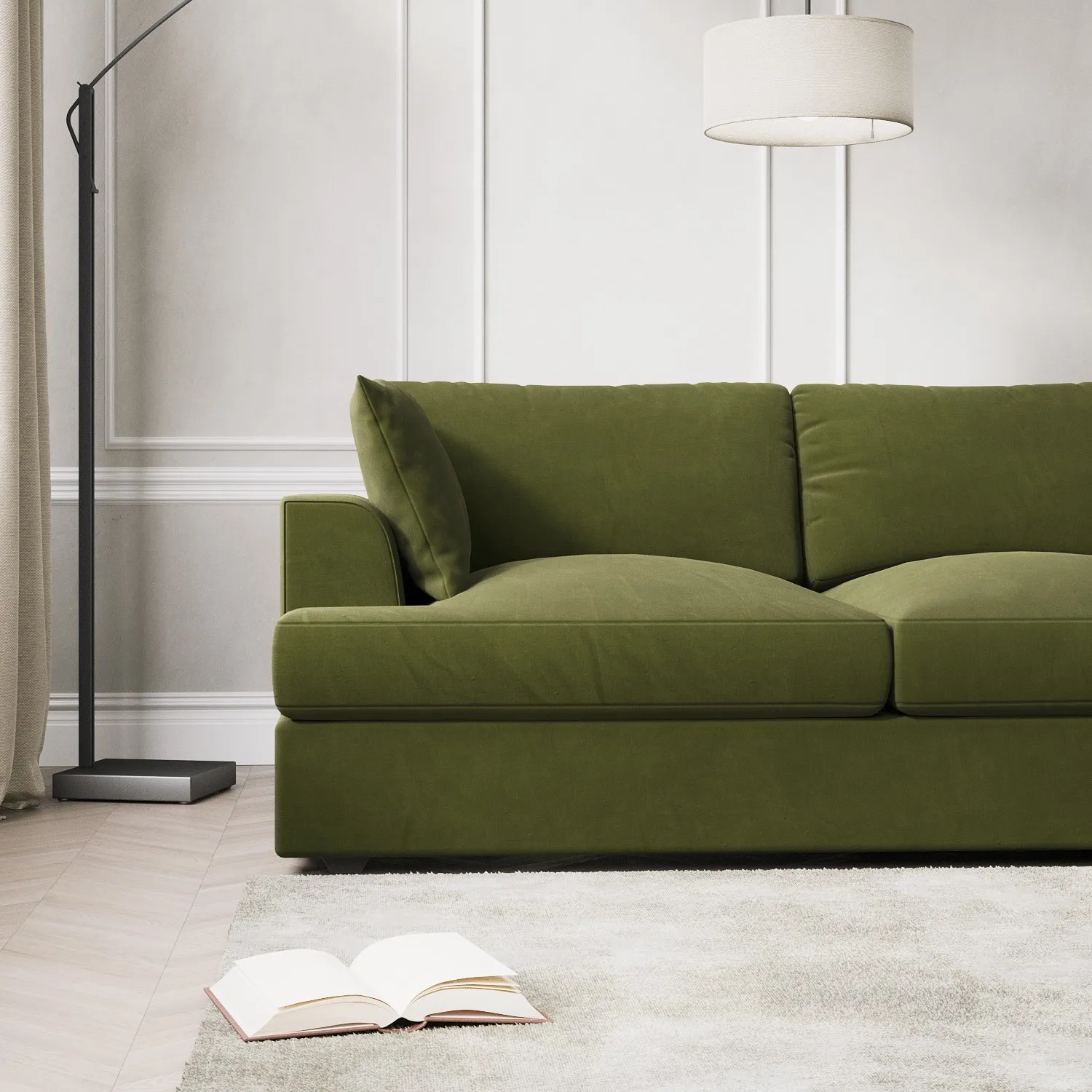 L-Shaped 4-Seater Chaise Sofa - Green, Velvet