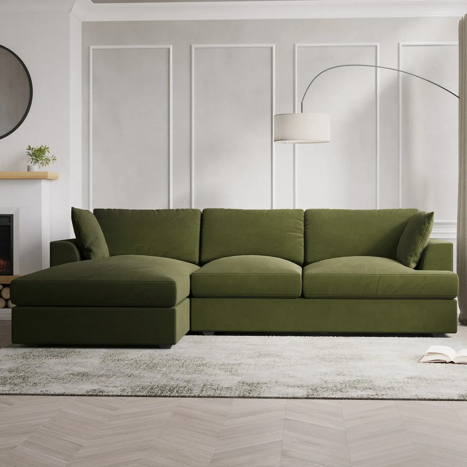 L-Shaped 4-Seater Chaise Sofa - Green, Velvet