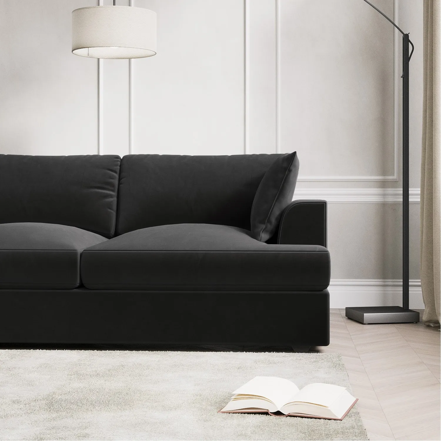L-Shaped 4-Seater Chaise Sofa - Grey, Velvet