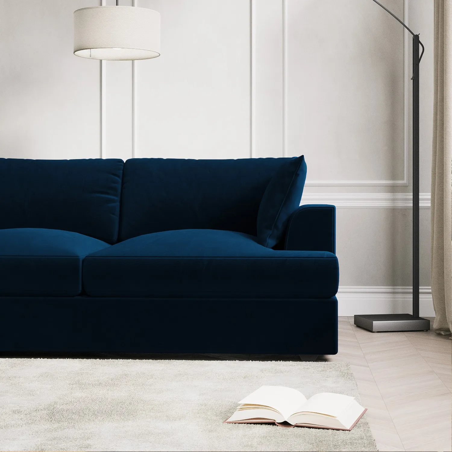 L-Shaped 4-Seater Chaise Sofa - Navy, Velvet