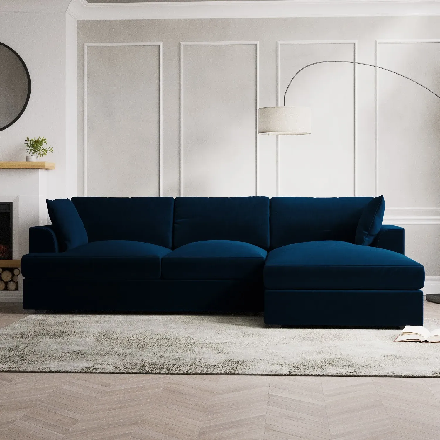 L-Shaped 4-Seater Chaise Sofa - Navy, Velvet