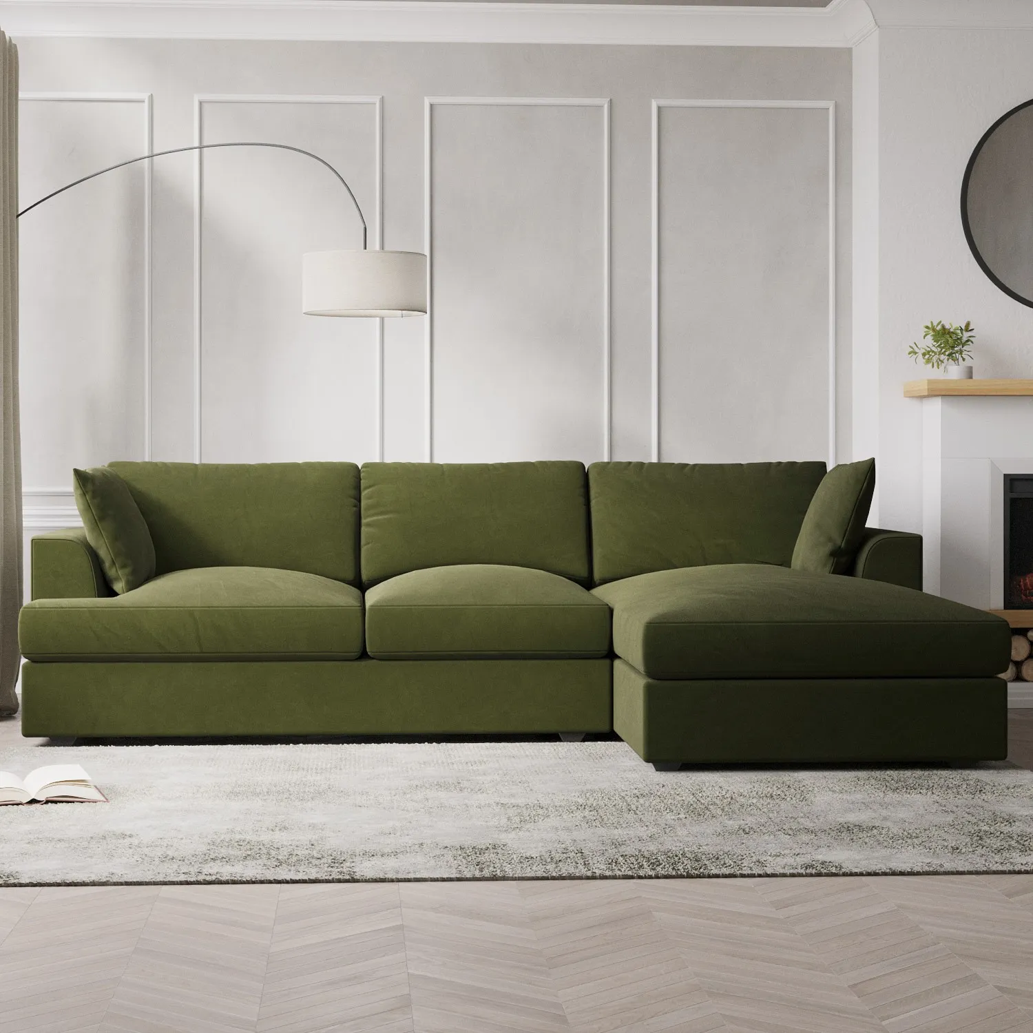 L-Shaped Corner Sofa Set with Chaise - Green, Velvet