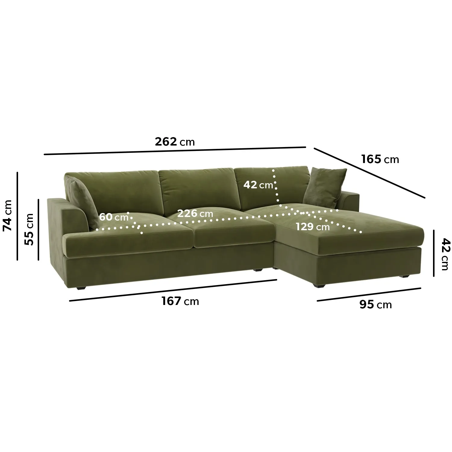 L-Shaped Corner Sofa Set with Chaise - Green, Velvet