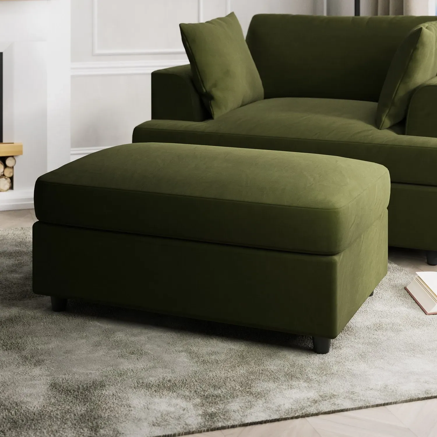 L-Shaped Corner Sofa Set with Chaise - Green, Velvet