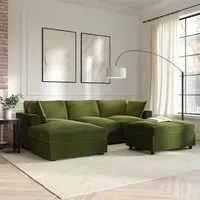 L-Shaped Corner Sofa Set with Chaise - Green, Velvet