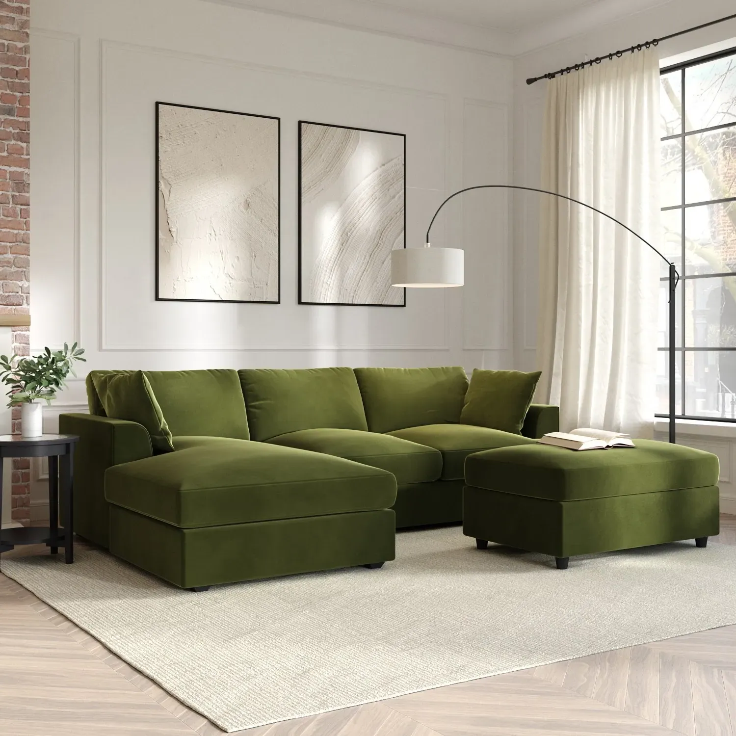L-Shaped Corner Sofa Set with Chaise - Green, Velvet