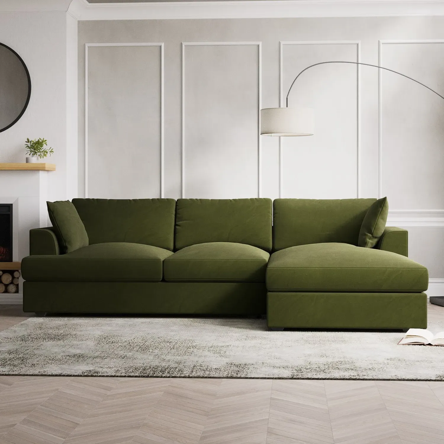 L-Shaped Corner Sofa Set with Chaise - Green, Velvet