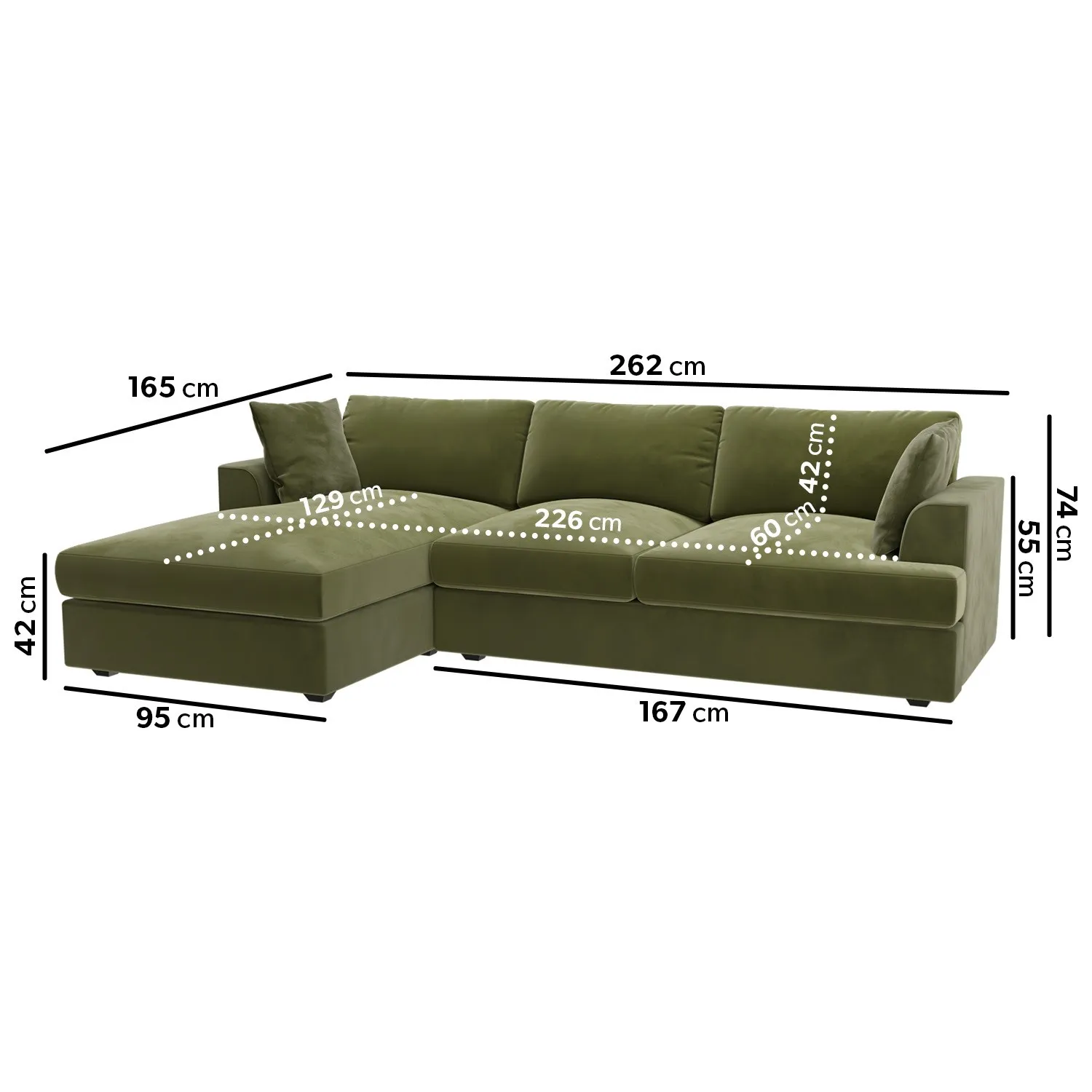 L-Shaped Corner Sofa Set with Chaise - Green, Velvet