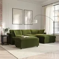 L-Shaped Corner Sofa Set with Chaise - Green, Velvet