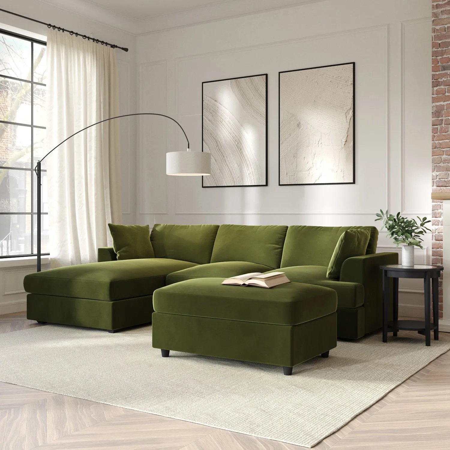 L-Shaped Corner Sofa Set with Chaise - Green, Velvet