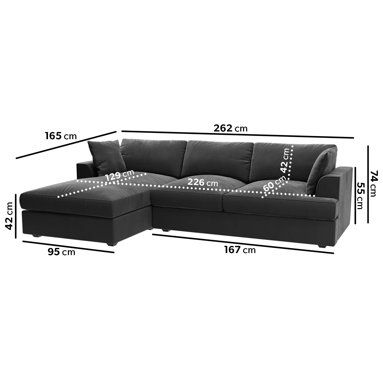 L-Shaped Corner Sofa Set with Chaise - Grey, Velvet