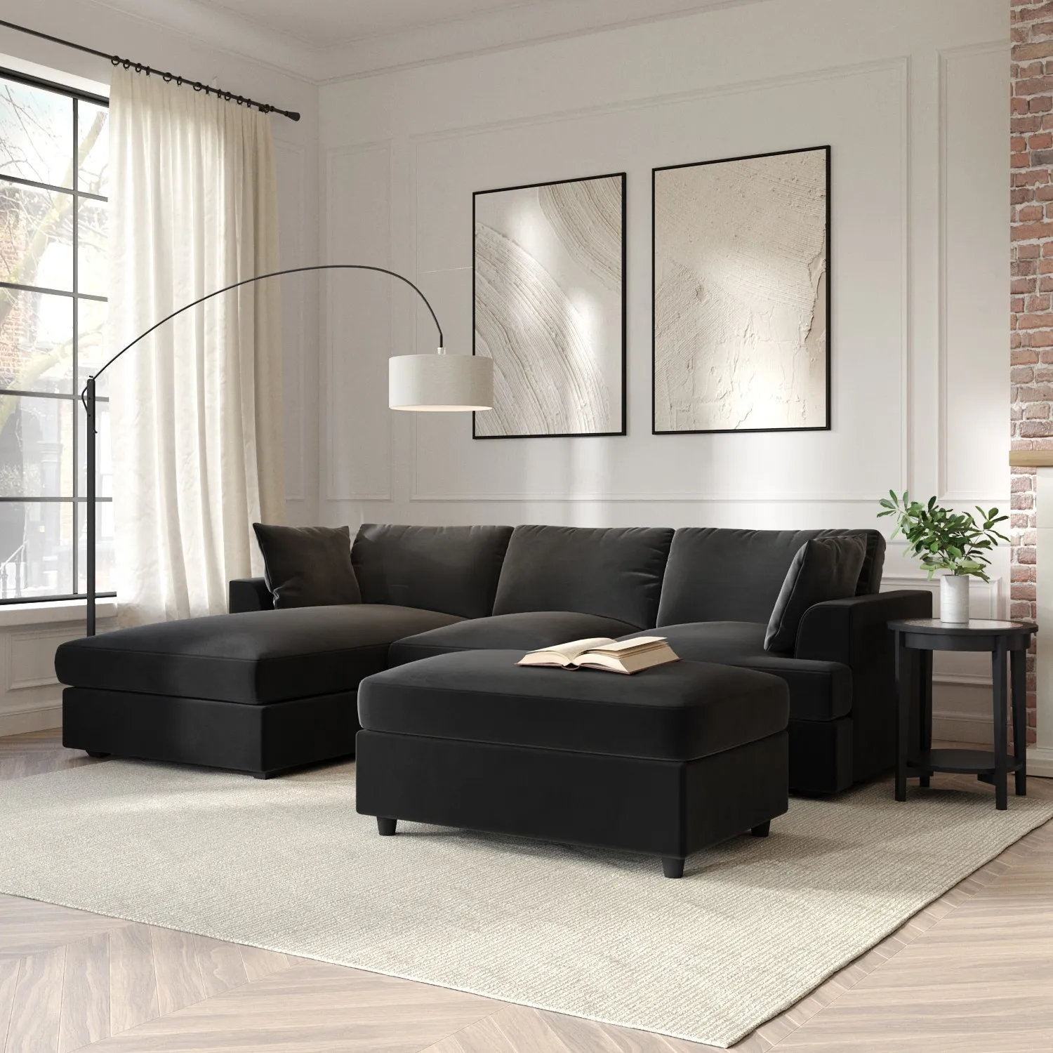 L-Shaped Corner Sofa Set with Chaise - Grey, Velvet