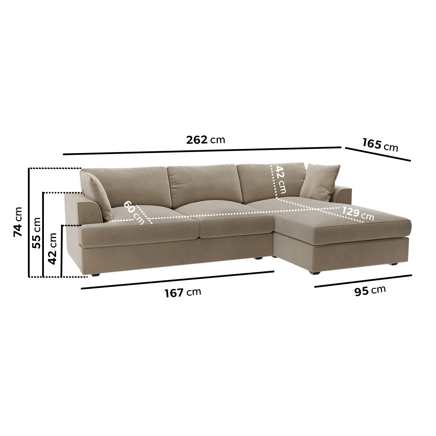 L-Shaped Corner Sofa Set with Chaise - Mink, Velvet